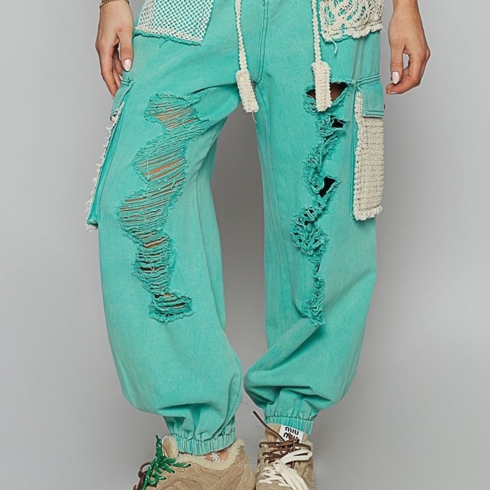 New POL Clothing Distressed Joggers Womens Sweatpants Teal Oversized Denim Pants - Picture 5 of 8